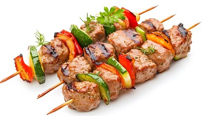 Wall Mural - Grilled meat on skewer with fresh salad, isolated on white background, featuring ultra-high detail and photorealistic cutout, ideal for food, barbecue, and culinary concepts