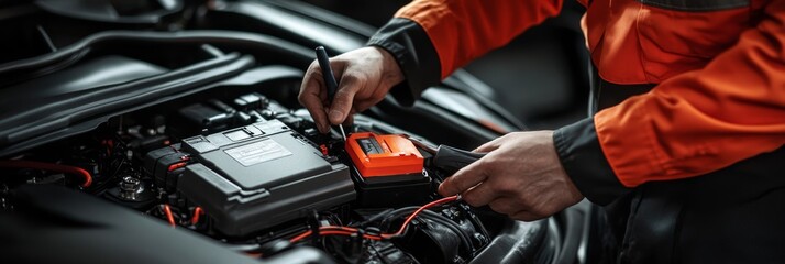 Wall Mural - A mechanic is focused on maintaining a car's electric battery, carefully connecting wires and checking systems for efficient performance while in the garage