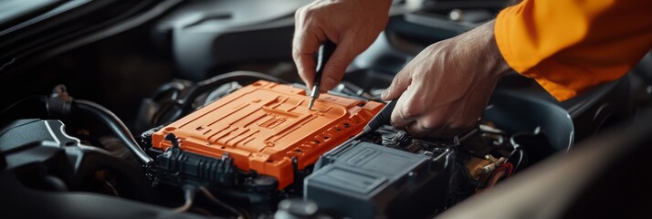 Wall Mural - A skilled mechanic focuses on removing and inspecting an electric battery while working under the car's hood, showcasing expertise and attention to detail