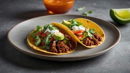 Wall Mural - mexican main dish tacos isolated on a ceramic plate, concept for advertisement background