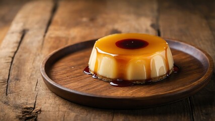 Wall Mural - mexican desserts dish flan isolated on a wooden plate, concept for advertisement background