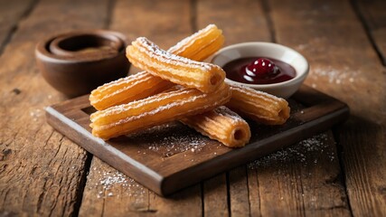 Wall Mural - mexican desserts dish churros isolated on a wooden plate, concept for advertisement background