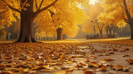 Wall Mural - Golden autumn scene in a park, with falling leaves