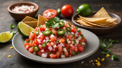 Wall Mural - mexican bread and sides dish pico de gallo isolated on an aesthetic plating, concept for advertisement background