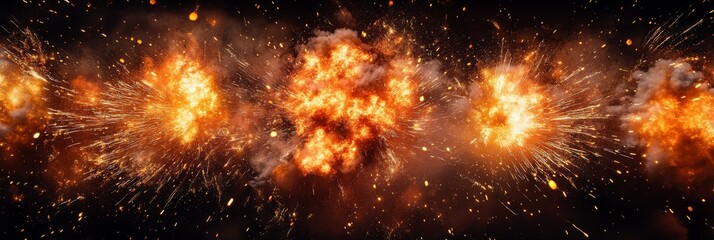 Poster - A series of explosive bursts erupts in a stunning display, with each explosion featuring distinct shapes and sizes, all isolated against a dark background