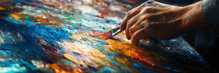 Poster - An artist’s hands skillfully apply vibrant paint strokes to a textured canvas, showcasing creativity and passion in a well-lit studio environment