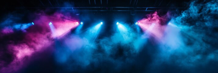 Poster - A captivating concert atmosphere unfolds with vibrant blue and purple lights illuminating the stage, while smoke swirls dramatically, creating an electrifying ambiance