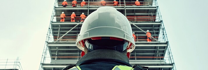 An engineer wearing a hard hat oversees a dedicated team of construction workers on scaffolding, ensuring safety and efficiency at a bustling construction site