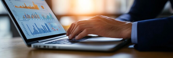 Poster - a businessman is actively typing on a laptop, analyzing data visualizations and charts displayed on 