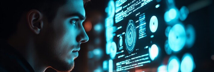 Poster - The hacker examines glowing interfaces filled with complex data in a dimly lit, high-tech environment, immersed in a world of cybersecurity and digital exploration