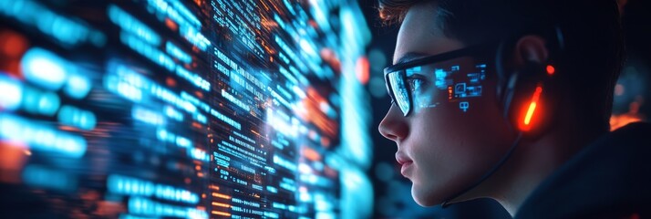 Poster - A cyberpunk hacker is intensely engaged in data analysis, surrounded by glowing screens that display streams of information in a dark, futuristic environment