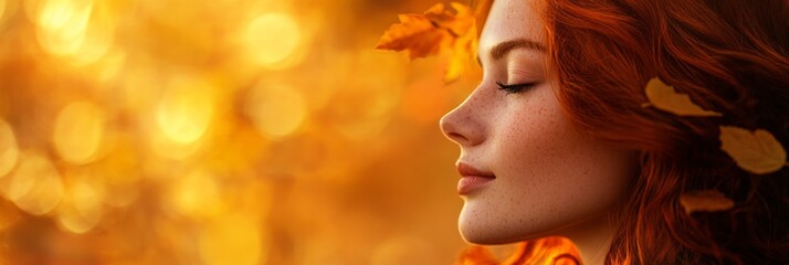 An attractive redhead woman relaxes with her eyes closed, surrounded by vibrant autumn leaves, immersing herself in the warmth and colors of the season