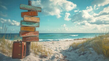 A serene beach scene featuring a wooden signpost and a vintage suitcase with a scenic ocean backdrop and fluffy clouds.