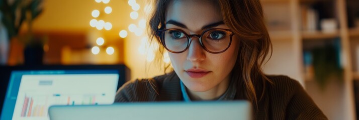 Poster - A marketing professional in a contemporary office setting reviews charts and graphs on her laptop. The warm ambiance of the office enhances her focus on the data
