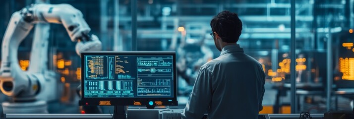 An engineer manager closely observes the control panel, monitoring vital data and robotic machinery in a modern industrial environment