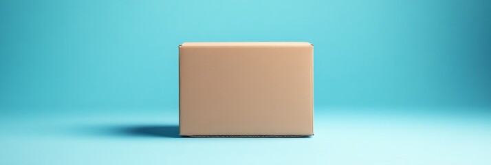 Poster - A plain cardboard box sits centered against a solid light blue background, highlighting its simplicity in a straightforward, commercial photography context
