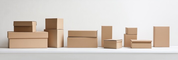 Poster - Multiple cardboard boxes are arranged in an organized manner on a spotless white surface, showcasing a tidy and professional presentation suitable for packaging or shipping