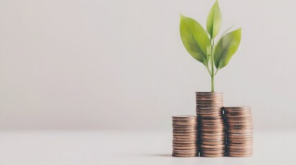 Green plant growing from a stack of gold coins, symbolizing financial growth, sustainability, and investment, isolated on a white background, ideal for economic and ecological concepts