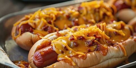 Wall Mural - Zesty cheese sausage links presented on a metallic tray