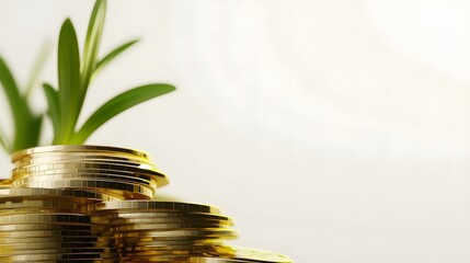 Green plant growing from a stack of gold coins, symbolizing financial growth, sustainability, and investment, isolated on a white background, ideal for economic and ecological concepts