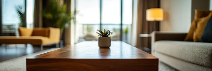 Poster - A spacious living room showcases a sleek coffee table with a plant centerpiece, inviting natural light through large windows, enhancing its minimalist aesthetic