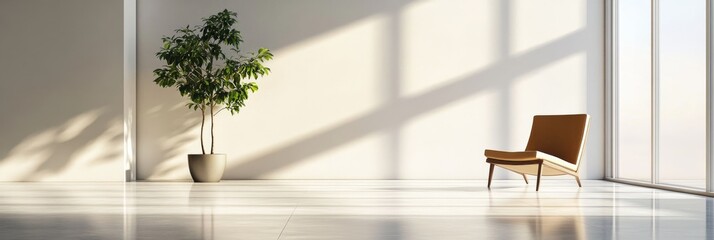 Poster - A serene, minimalist room showcases polished concrete flooring. A single wooden chair sits beside a large window, allowing natural light to fill the tranquil space