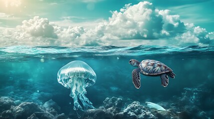 Wall Mural - Sea Turtle and Jellyfish Under a Sunny Sky