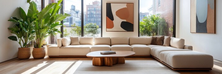 A spacious, modern minimalist living room features a comfortable sectional sofa and a stylish wooden coffee table, complemented by lush greenery and abstract artwork on the walls