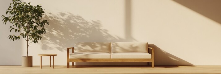 Poster - This minimalistic living room features a cozy wooden couch paired with a sleek coffee table, illuminated by natural light that creates soft shadows, enhancing the tranquil atmosphere