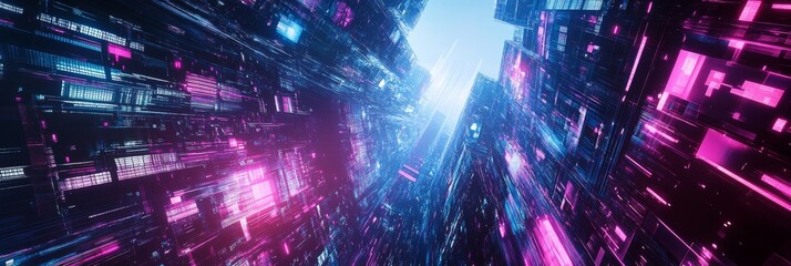 Poster - A stunning digital dreamscape comes to life with AI-generated structures, vibrant neon hues, and a slight tilt creating a captivating sense of depth and immersion