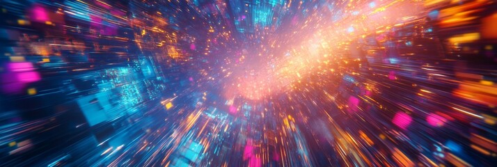 Poster - Witness a captivating digital dreamscape filled with vibrant neon colors and complex AI-generated structures, creating an immersive visual experience at twilight