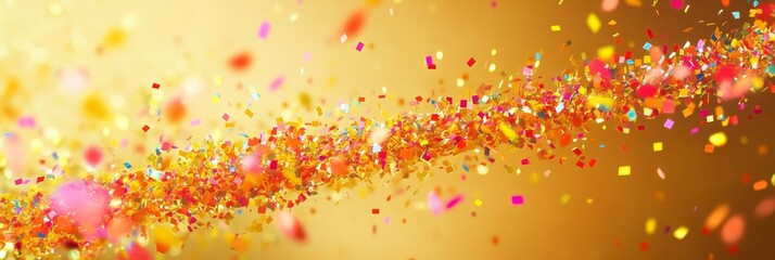 Poster - Colorful confetti dances in the air, casting a joyful aura as it contrasts beautifully with a shimmering golden background, ideal for celebrating special moments