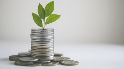 Green plant growing from a stack of gold coins, symbolizing financial growth, sustainability, and investment, isolated on a white background, ideal for economic and ecological concepts