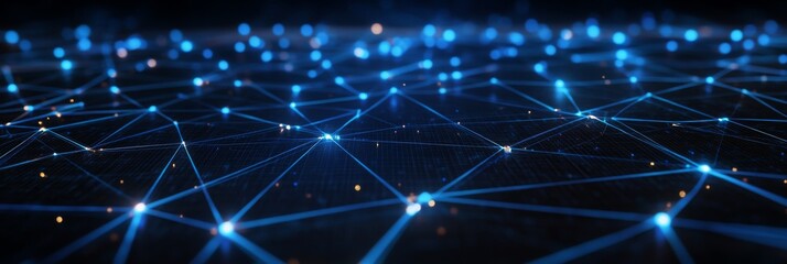Fototapete - This artwork showcases a top-down perspective of a digital grid featuring thin, glowing blue lines that connect various nodes, creating a striking minimalist pattern