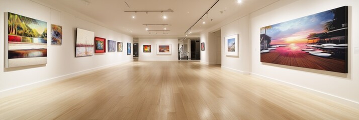 Poster - The spacious art gallery features a bright, airy atmosphere with stunning paintings displayed on pristine white walls, inviting visitors to appreciate the artwork