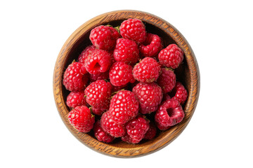 red raspberry group inside wooden bowl from top view isolated on background, flat lay of juicy berry