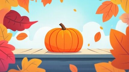 Canvas Print - Festive illustration of a pumpkin on a wooden porch, adorned with autumn leaves for a cheerful Thanksgiving vibe.