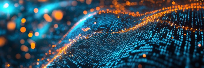 Fototapete - A wideangle view reveals an abstract depiction of data movement through interconnected nodes, highlighting vibrant colors and intricate patterns in a digital environment