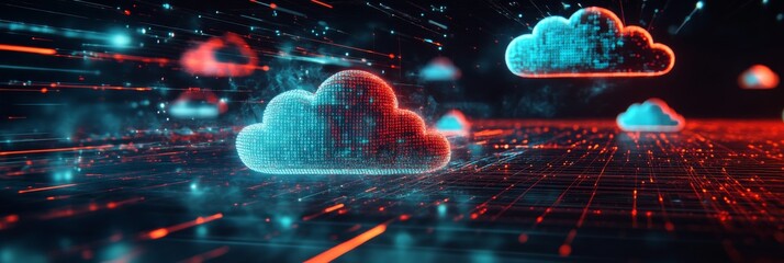 Poster - A vibrant digital hologram showcases cloud data transfer, featuring streams of binary code flowing seamlessly, creating a futuristic atmosphere of technology and connectivity