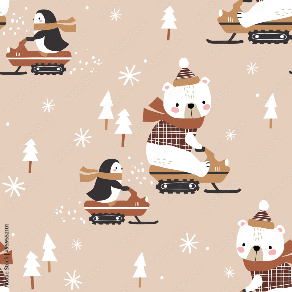 Seamless vector pattern with cute hand drawn polar bear and penguin on ...