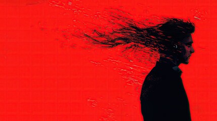 Poster - Silhouette of a person with flowing hair against a vibrant red background, creating a striking visual contrast and dynamic energy.