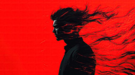 Poster - Silhouette of a person with flowing hair against a vibrant red background, creating a striking, dynamic visual effect.