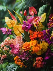 Poster - A bold arrangement showcases a variety of tropical flowers in vibrant colors, bringing a lively atmosphere to the garden. Generative AI