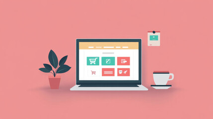 Poster - A desk setup with a laptop displaying an e-commerce site and a cup of coffee beside it