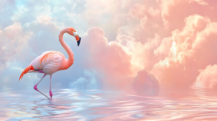 A flamingo standing on one leg in a pool of liquid silver, with a backdrop of swirling pastel clouds.