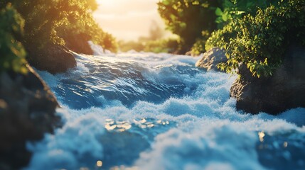 Tranquil sunrise over flowing river surrounded by lush greenery