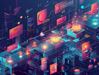 Poster - Software development isometric concept. Web design Technology process of Software develop