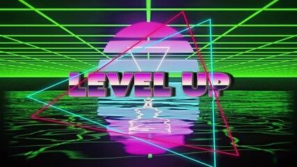 Poster - Level up text animation over neon geometric shapes and grid background