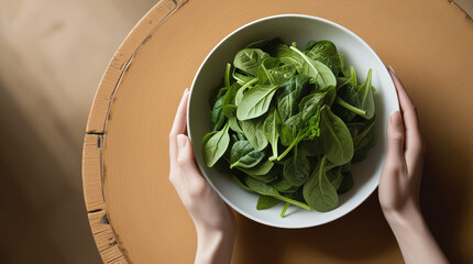 Female hands holding a bowl of fresh spinach on a brown background.