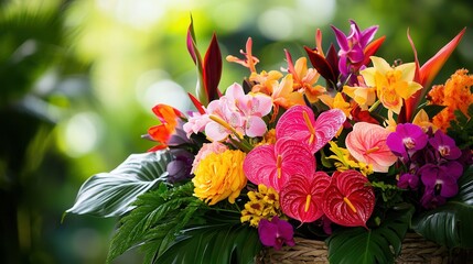 Poster - This bold arrangement showcases a mix of tropical flowers, including orchids and vibrant anthuriums, creating a stunning visual impact. Generative AI